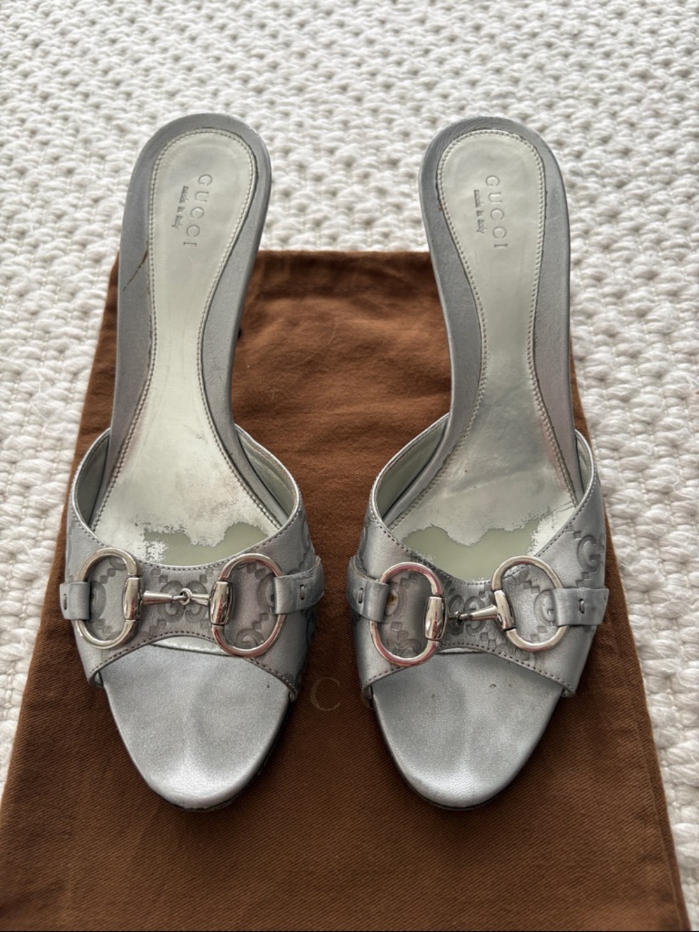 Gucci Metallic Silver Leather Horsebit Mule Heels